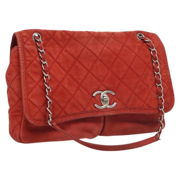 CHANEL Big Matelasse 34 Single Flap Chain Shoulder Bag Suede Red CC Auth PP415 - Picture 1 of 16